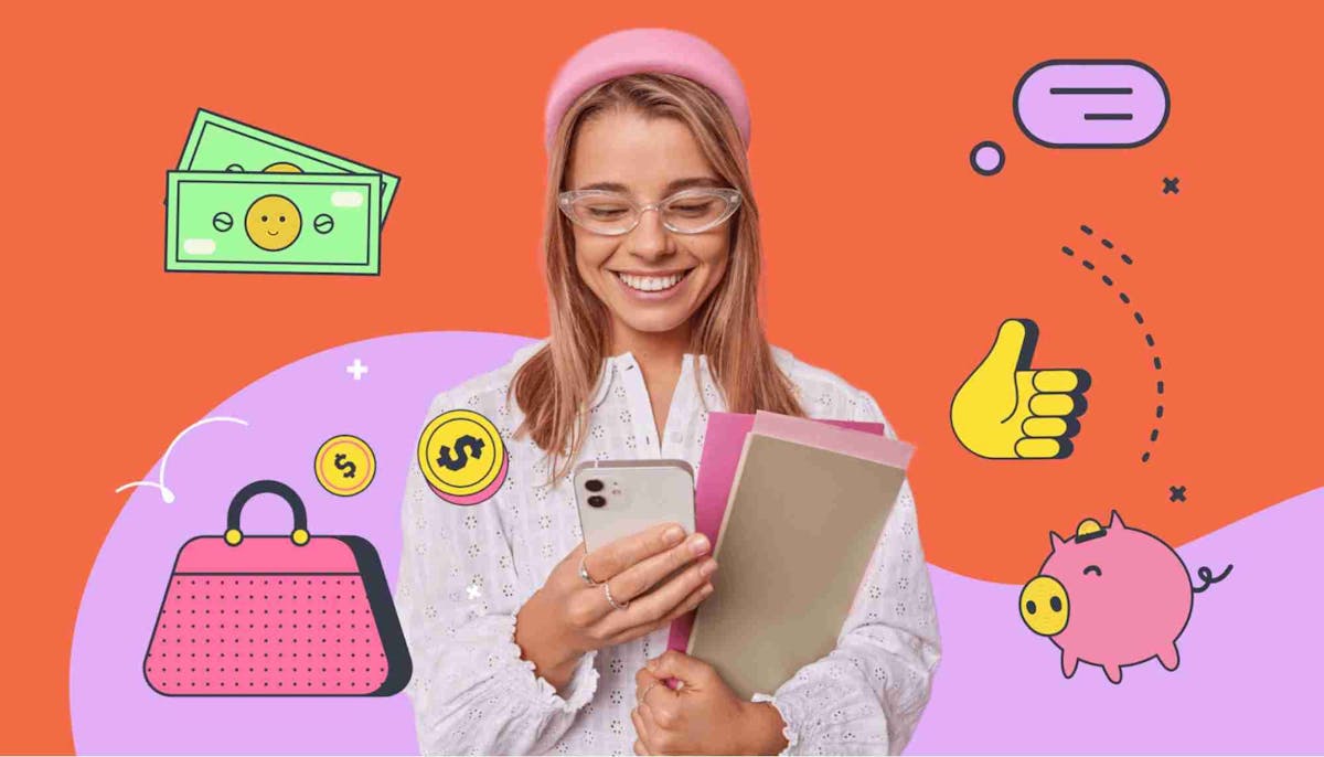  Illustration of student using mobile phone with piggy bank on screen
