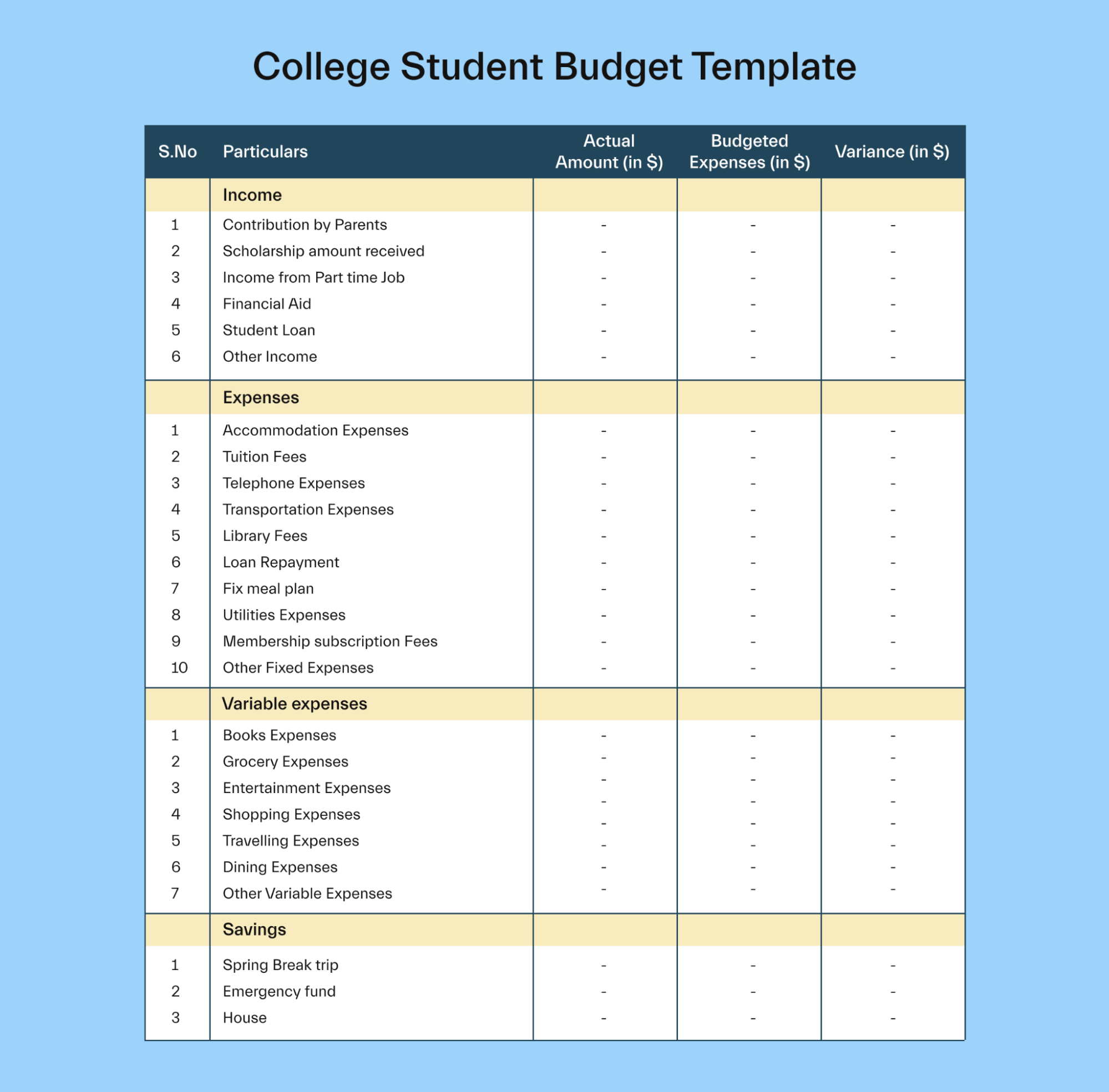 Traditional budget template