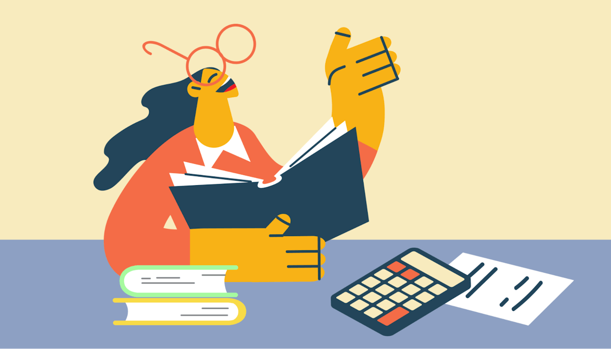 Illustration of student at desk with calculator